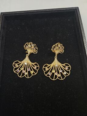 New-Gold Fan Drop Earrings with Multicolor Accent Stones - Women Jewelry
